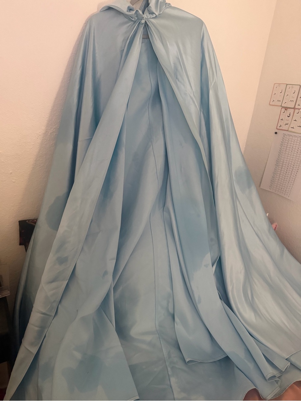 Elegant Light Blue Satin Cape Dress with Tie Neck